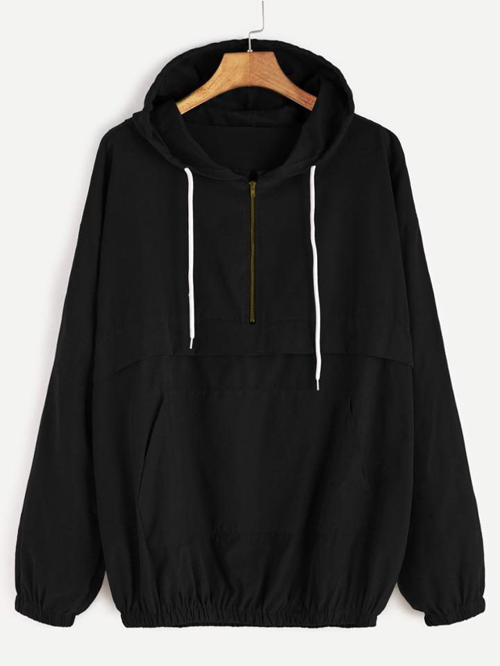 Shein Black Drop Shoulder Zip Detail Pocket Drawstring Hoodie