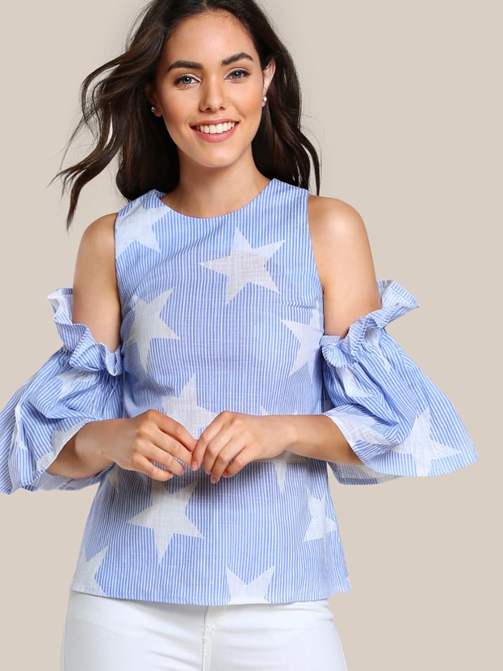 Shein Open Shoulder Frilled Sleeve Top