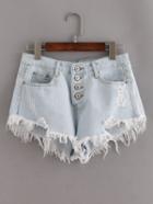 Shein Blue Ripped Fringe Denim Shorts With Single Breasted