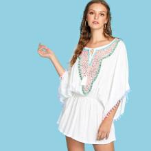 Shein Tassel Tied Pompom Trim Beaded Dress