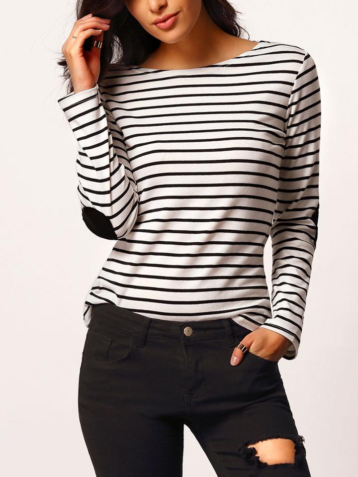 Shein Elbow Patch Boat Neckline Striped Tee