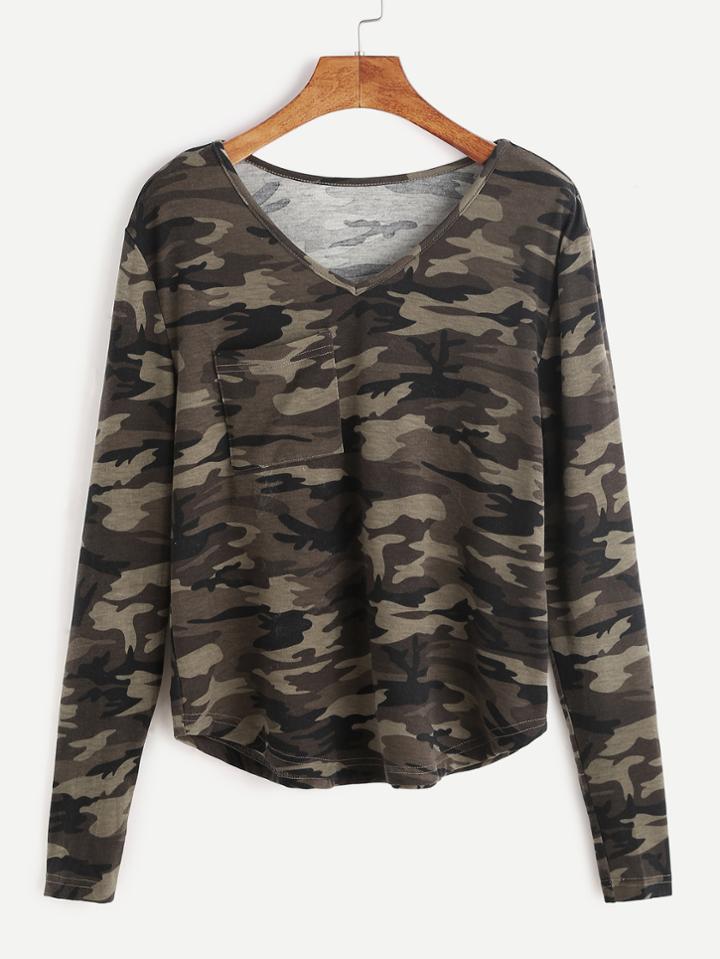 Shein Olive Green Camo Print V Neck Pocket Front T-shirt