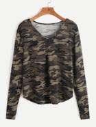 Shein Olive Green Camo Print V Neck Pocket Front T-shirt