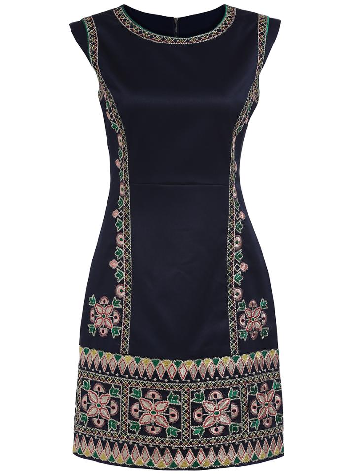 Shein Navy Round Neck Sleeveless Embroidered Dress