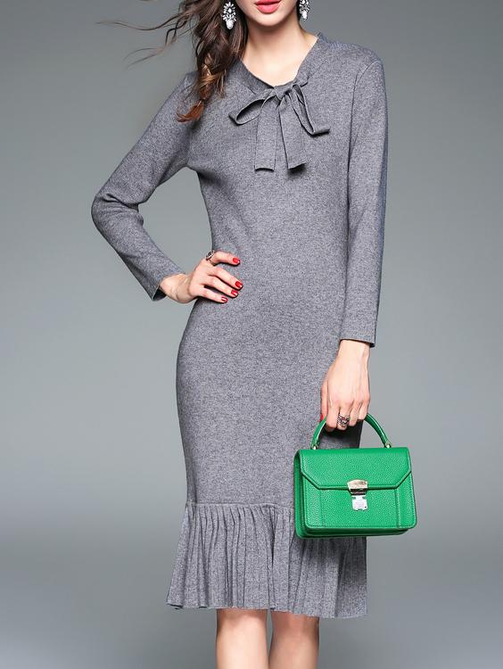 Shein Grey Bowknot Frill Sheath Dress