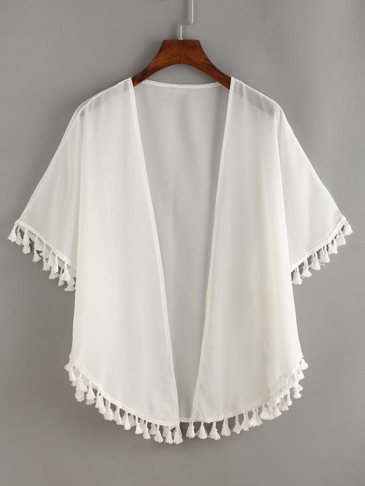 Shein White Fringe Chiffon Top