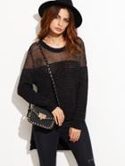 Shein Black Illusion Neck Ribbed High Low Sparkle Sweater