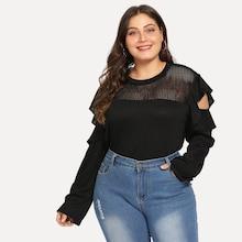 Shein Plus Eyelet Mesh Yoke Ruffle Trim Top