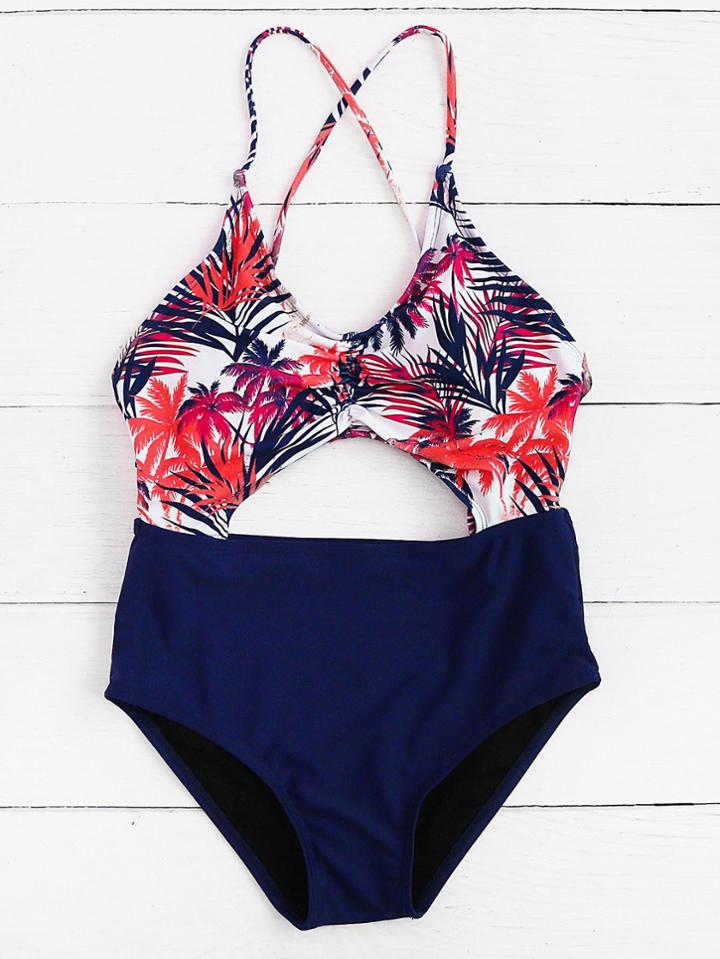 Shein Jungle Print Front Cutout Cross Back Swimsuit