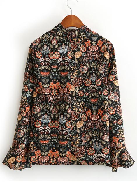 Shein Colour Stand Collar Bell Sleeve Floral Blouse