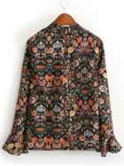 Shein Colour Stand Collar Bell Sleeve Floral Blouse