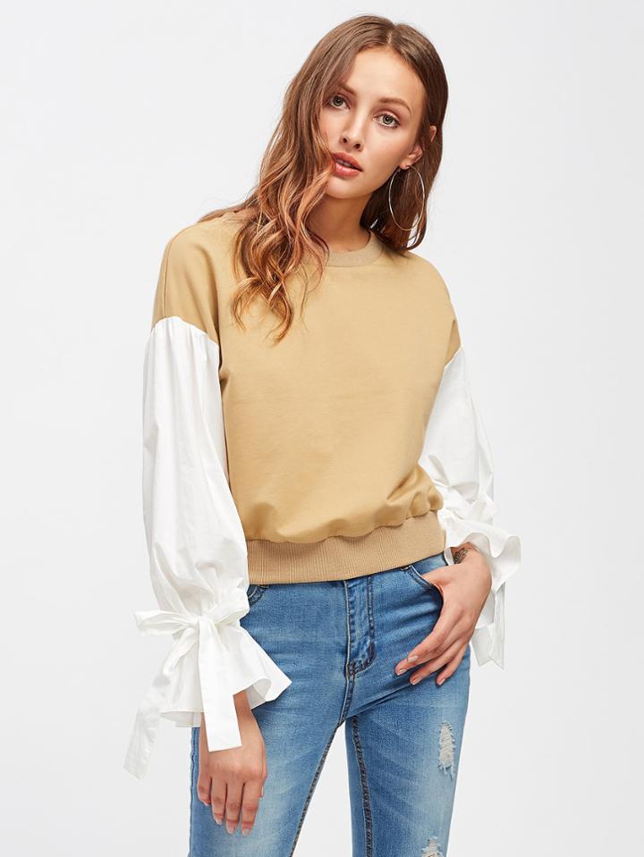 Shein Belted Puff Sleeve Mixed Media Sweatshirt