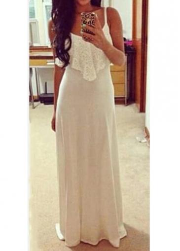 Rosewe Ruffle Decorated White Spaghetti Strap Maxi Dress
