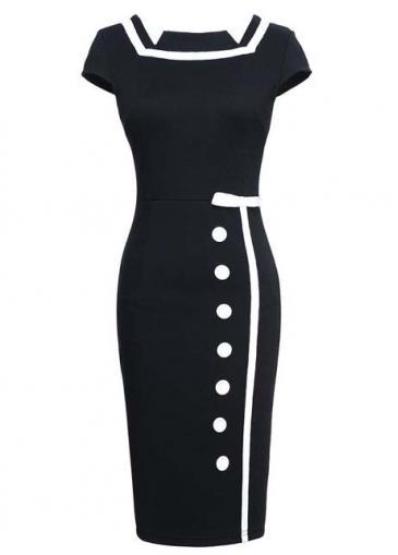 Rosewe Fresh Edging Cap Sleeve Black High Waist Dress