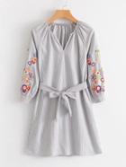 Shein Embroidered Raglan Sleeve Striped Dress With Belt