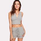 Shein Button Front Crop Ribbed Top And Shorts Co-ord