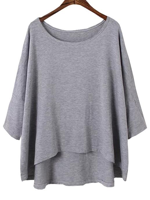 Shein Grey Bat Sleeve Dip Hem T-shirt