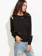 Shein Black Long Sleeve Distressed Sweatshirt