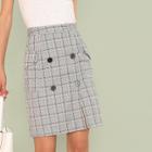 Shein Button Embellished Pocket Front Plaid Skirt