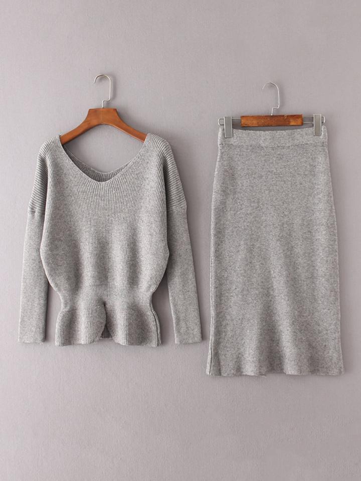 Shein Double V Neckline Peplum Knitwear With Skirt