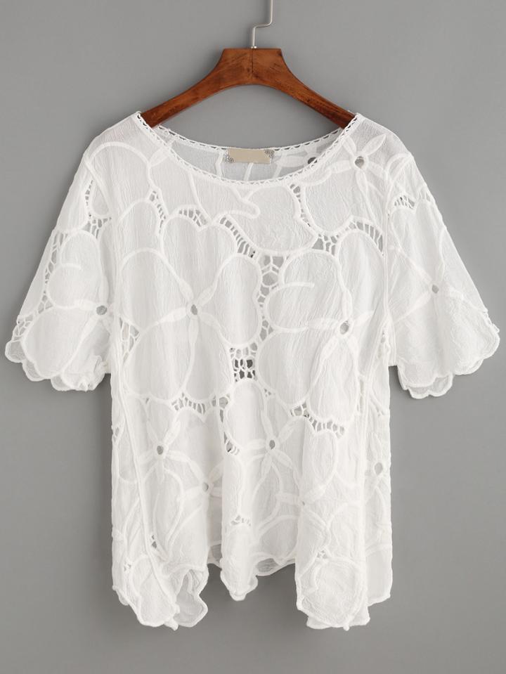 Shein White Scalloped Floral Hollow Out Blouse