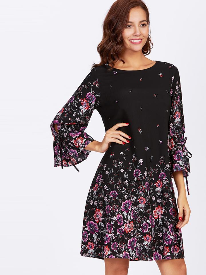 Shein Bow Tie Bell Cuff Botanical Dress