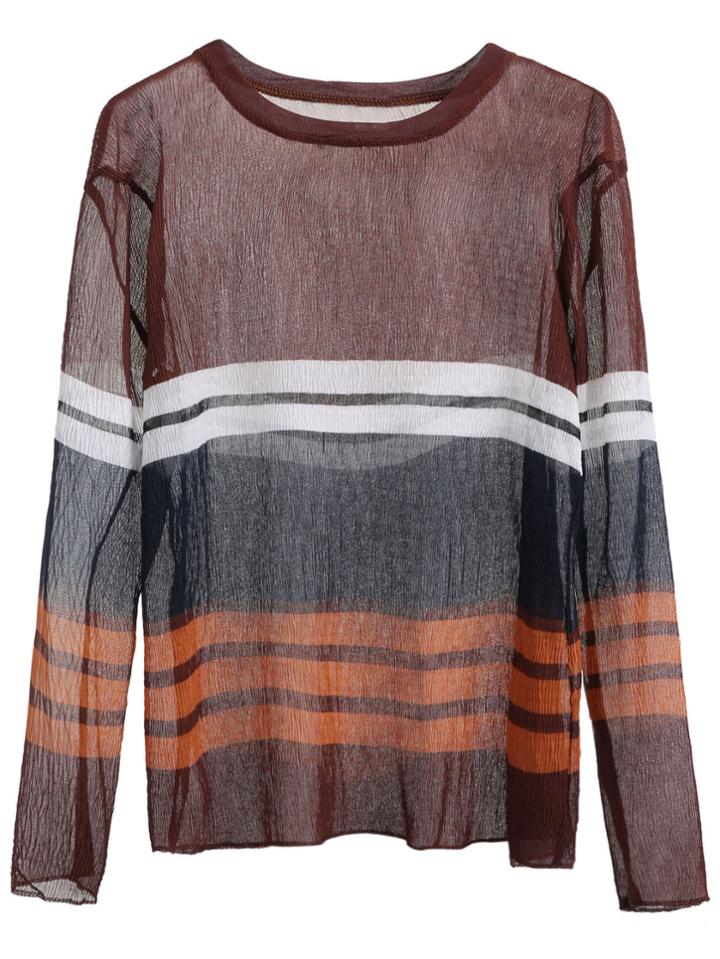 Shein Color Block Striped Sheer T-shirt