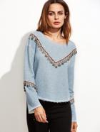 Shein Blue Marled Knit Coin Fringe Trim T-shirt
