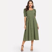 Shein Puff Sleeve Button Up Fit & Flare Dress