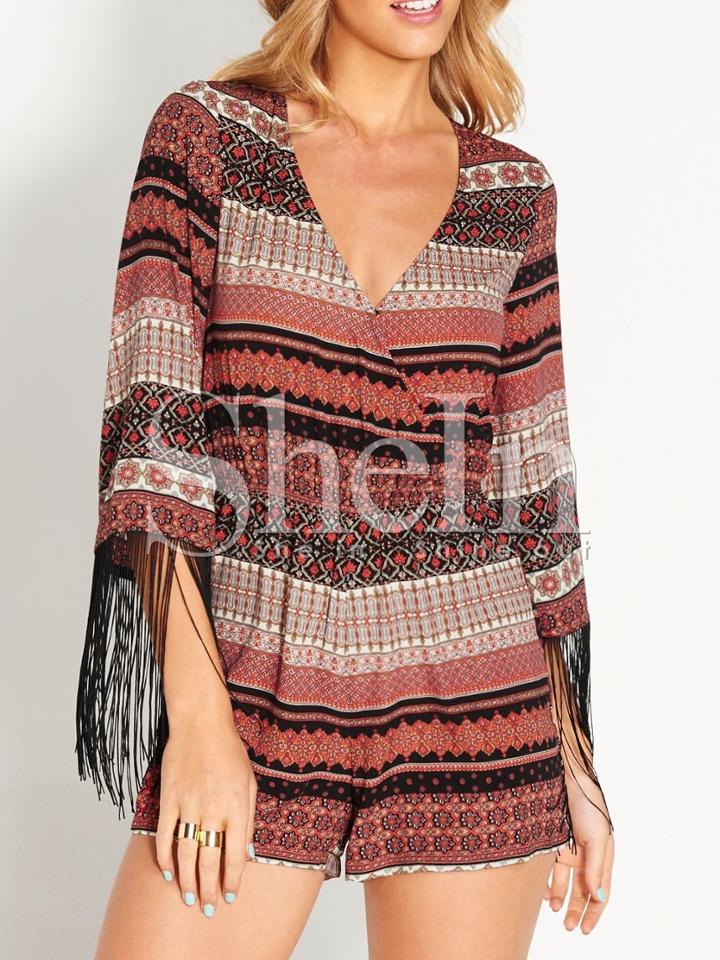 Shein Folk Print Fringe Cuff Playsuit