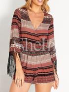 Shein Folk Print Fringe Cuff Playsuit