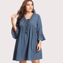 Shein Plus Tasselled Lase Up V Neck Dress