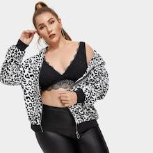 Shein Plus O-ring Zip Up Leopard Teddy Jacket