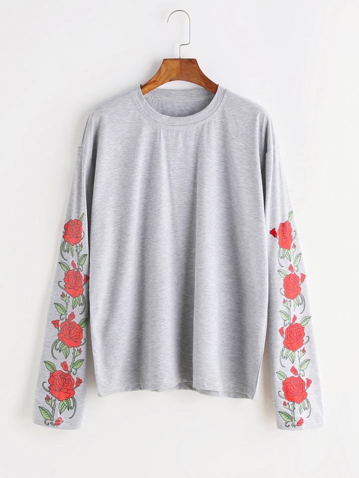 Shein Heather Grey Florals Drop Shoulder T-shirt