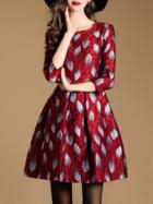 Shein Red Leaves Jacquard A-line Dress
