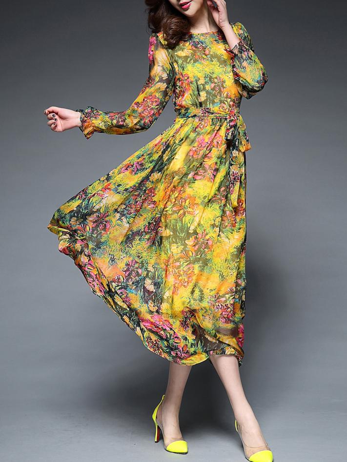 Shein Yellow Round Neck Long Sleeve Tie-waist Print Dress