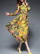 Shein Yellow Round Neck Long Sleeve Tie-waist Print Dress