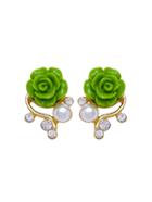 Shein Green Rose Shaped Artificial Pearl And Diamond Stud Earrings