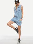 Shein Light Blue Denim Sleeveless Shirt Romper