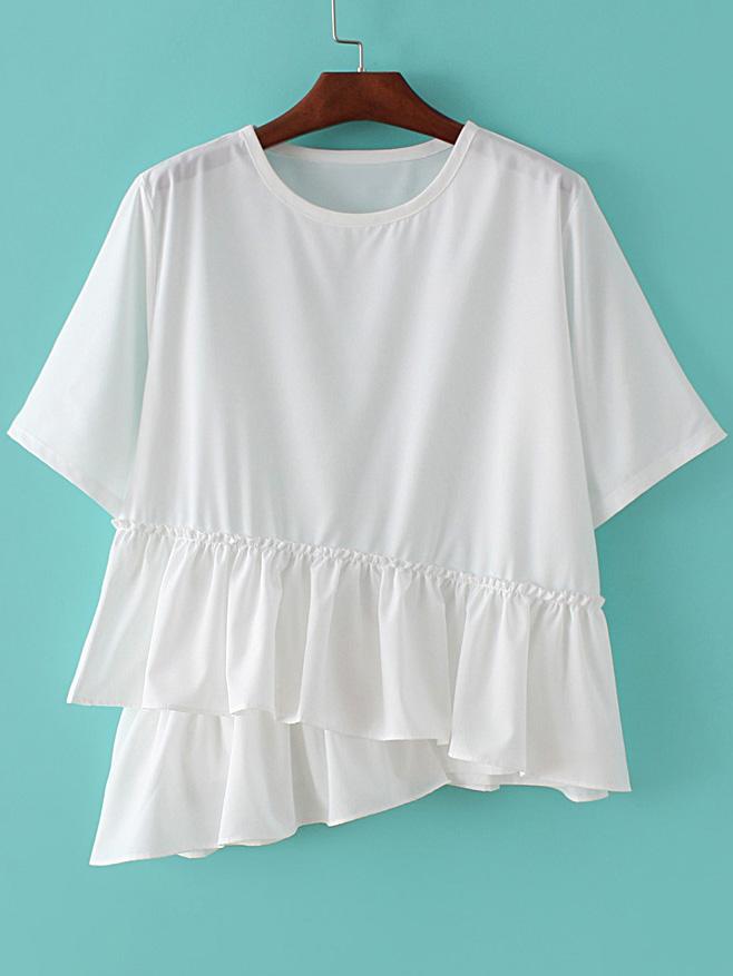Shein White Round Neck Ruffle Hem Short Sleeve Blouse