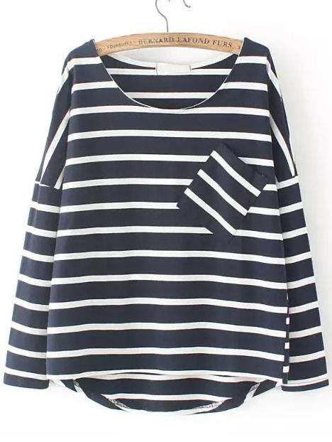 Shein Black White Round Neck Striped Pocket Dip Hem T-shirt