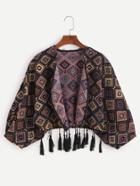 Shein Geometric Print Batwing Sleeve Fringe Crop Coat
