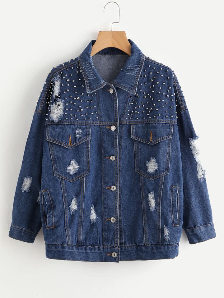 Shein Destroyed Beaded Detail Denim Jacket