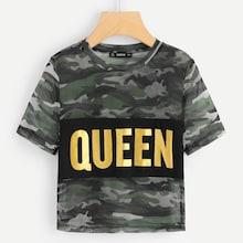 Shein Letter Print Semi Sheer Camo Crop Tee