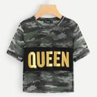 Shein Letter Print Semi Sheer Camo Crop Tee