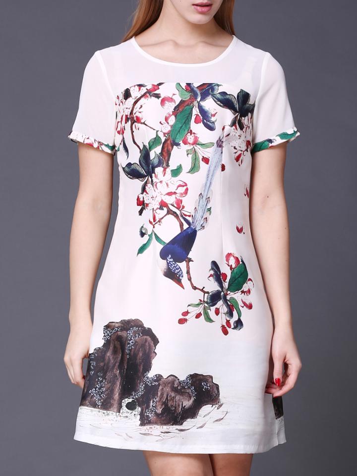 Shein White Crew Neck Vintage Print Shift Dress