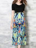 Shein Multicolor Crew Neck Print Long Combo Dress