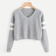 Shein Plus Contrast Striped Side V-neck Sweater
