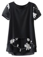 Shein Black Short Sleeve Contrast Embroidery Chiffon Blouse