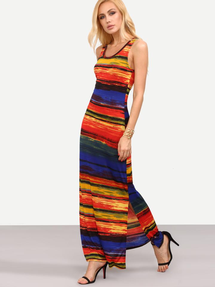 Shein Multicolor Irregularstripescoopnecksplit Dress